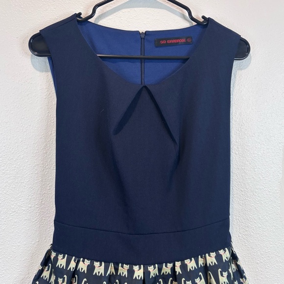 Navy Blue Fitted Dress Cat Novelty Print Size XL Zip Tie Back Retro - Picture 2 of 7